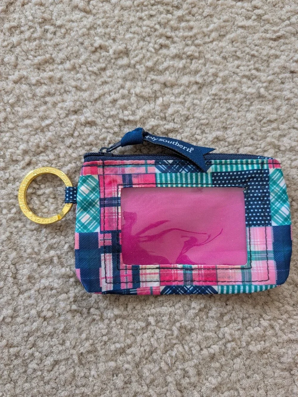 Simply Southwrn Pink Plaid ID Card Holder with Key Ring